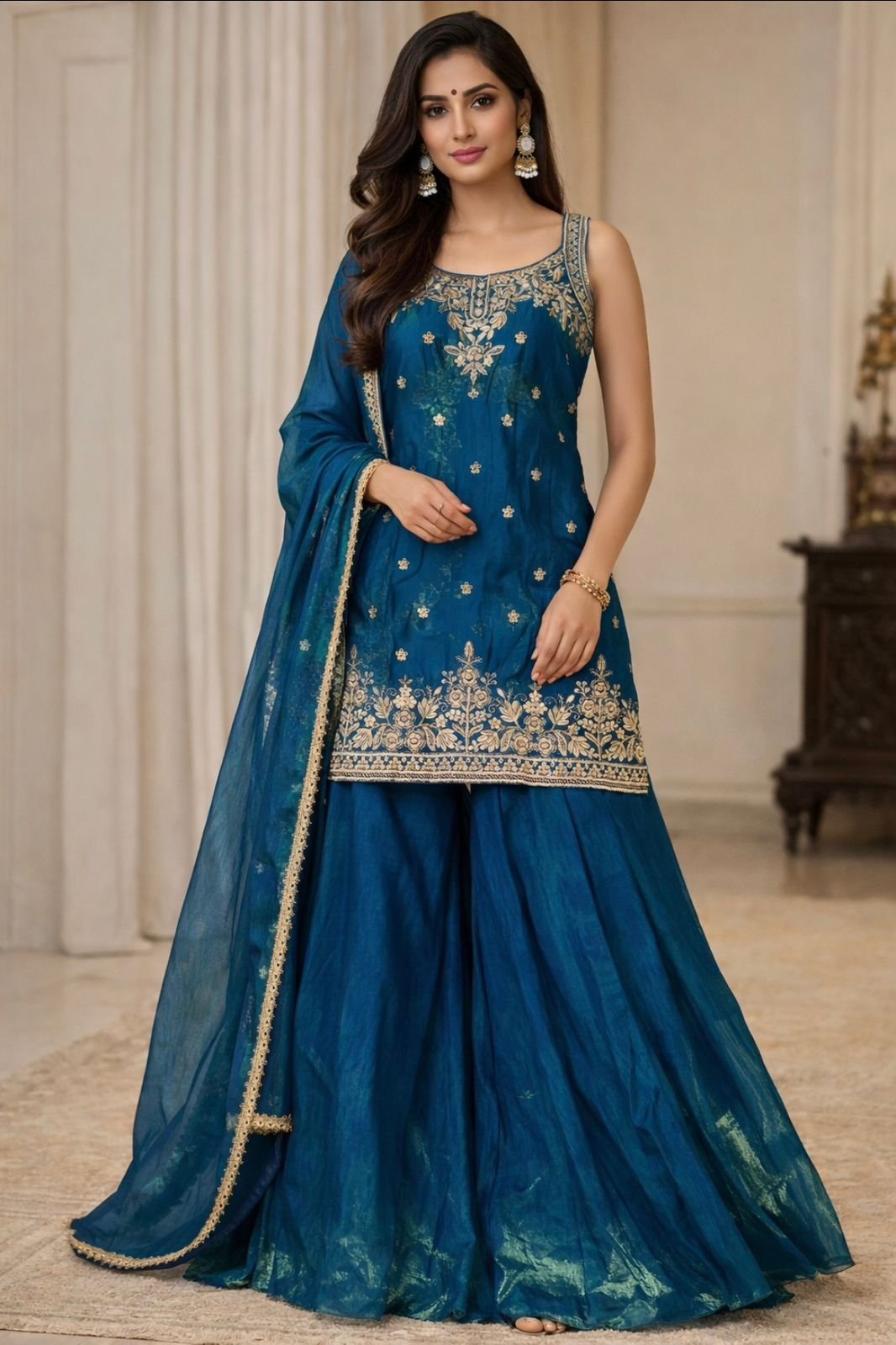 Teal Blue Fendi Fabric Sharara Set with Gold Embroidery