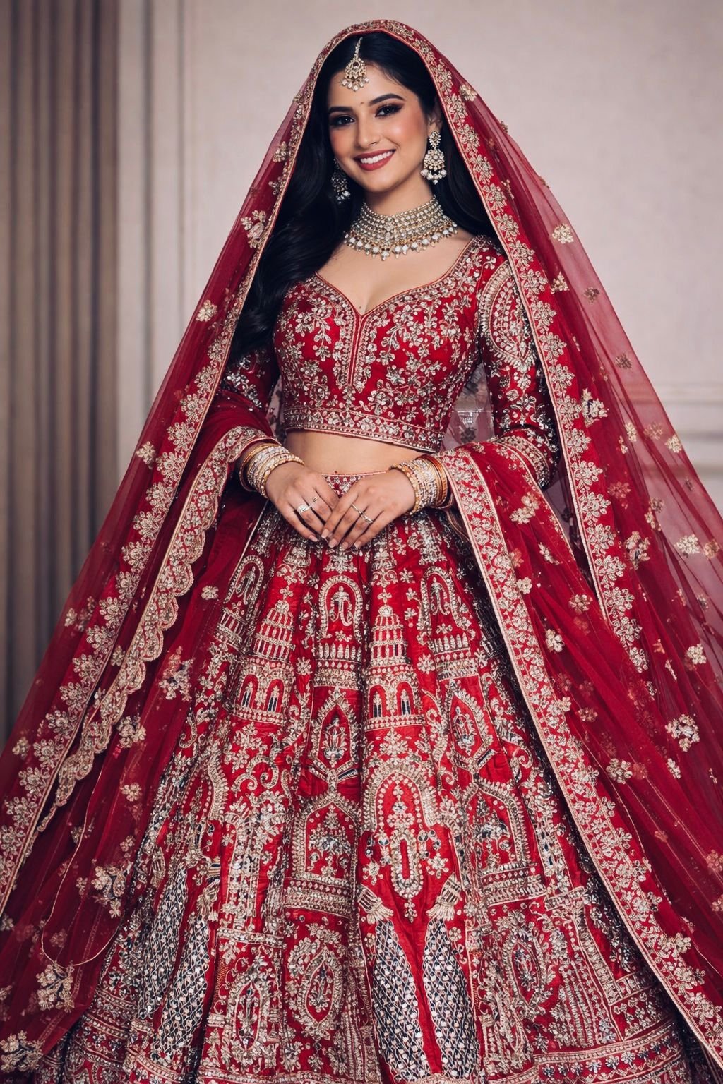 Bright Red Double-Dupatta Bridal Lehenga